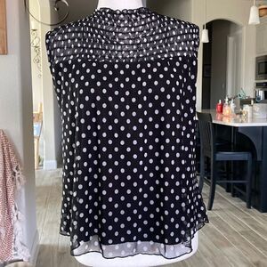 Kim & Cami Sleeveless Black Mock Ruffled Neck White Polka Dots Sheer S